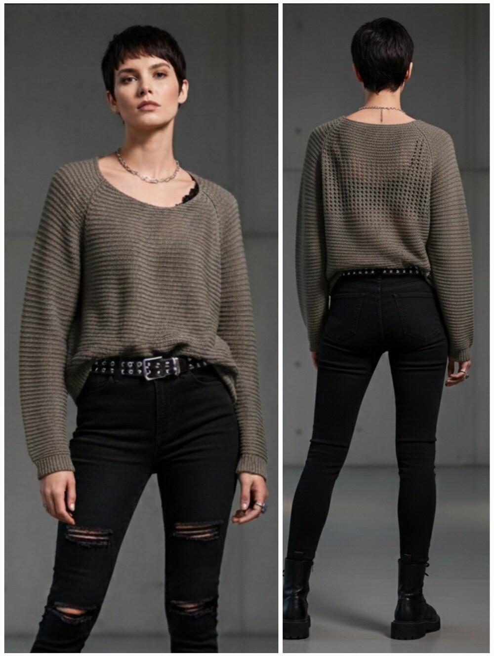 H&M Olive Oversized Slouchy Crochet Open Knit Sweater Size M Indie Sleeze Grunge